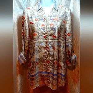 Chicos Blouse Women Button Down Top, Roll-up Sleeves, Blue, Cream, Orange Flower